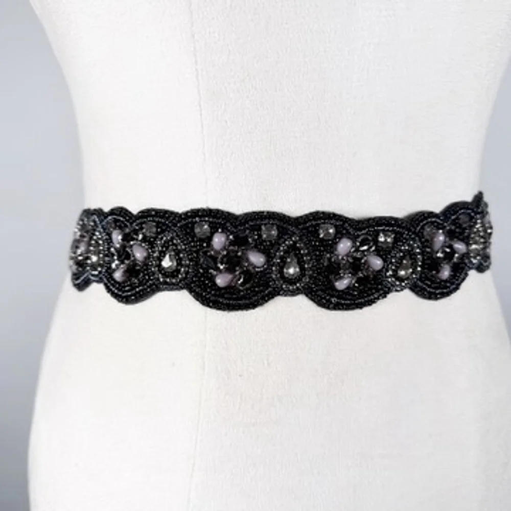 Stunning Special Occasion Statement Waist Belt Black Blue Beaded Stretch Size S